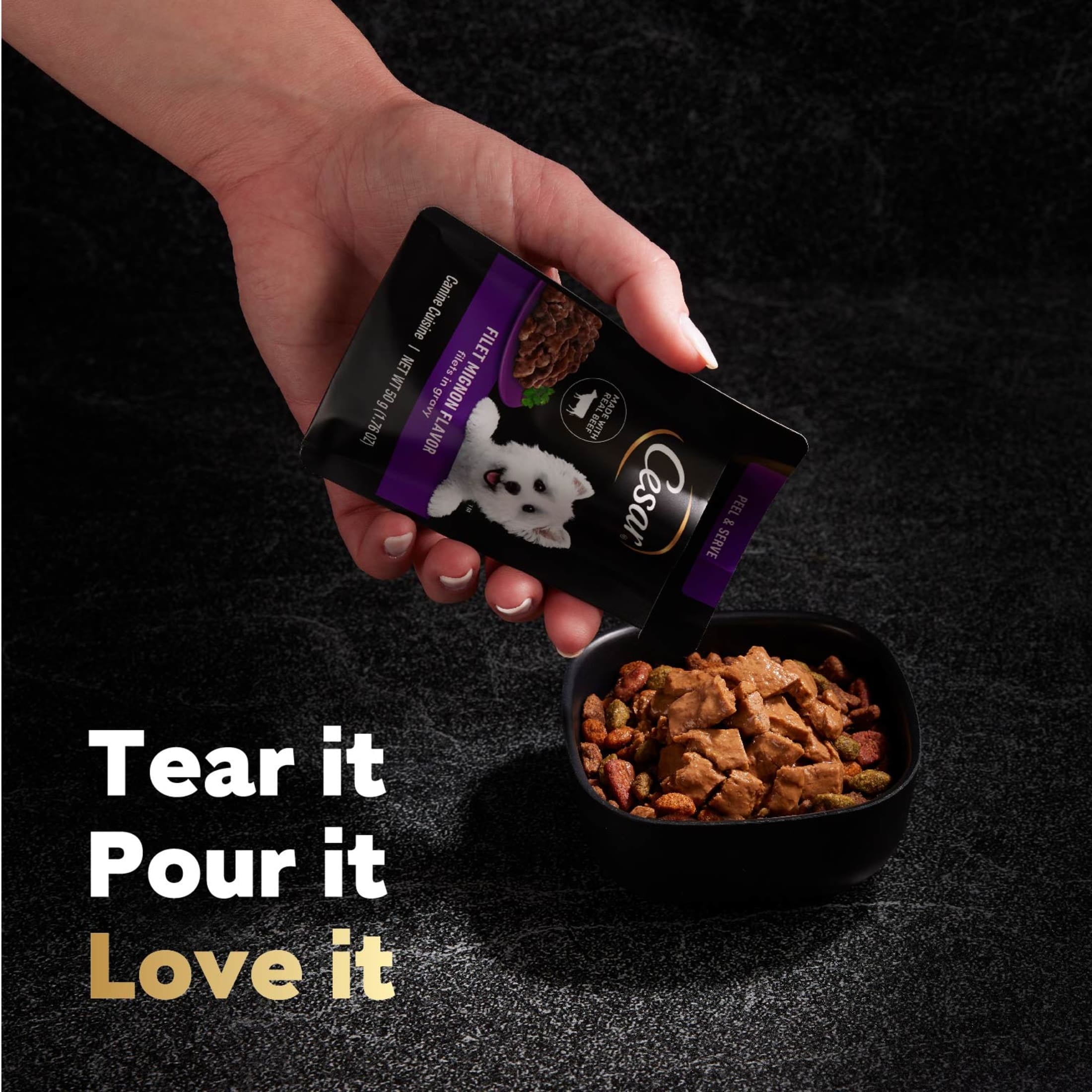 Cesar Filets In Gravy Filet Mignon, Rotisserie Chicken And Wood-Grilled Chicken, 1.76 Oz. Mini-Pouch, 40 Pack