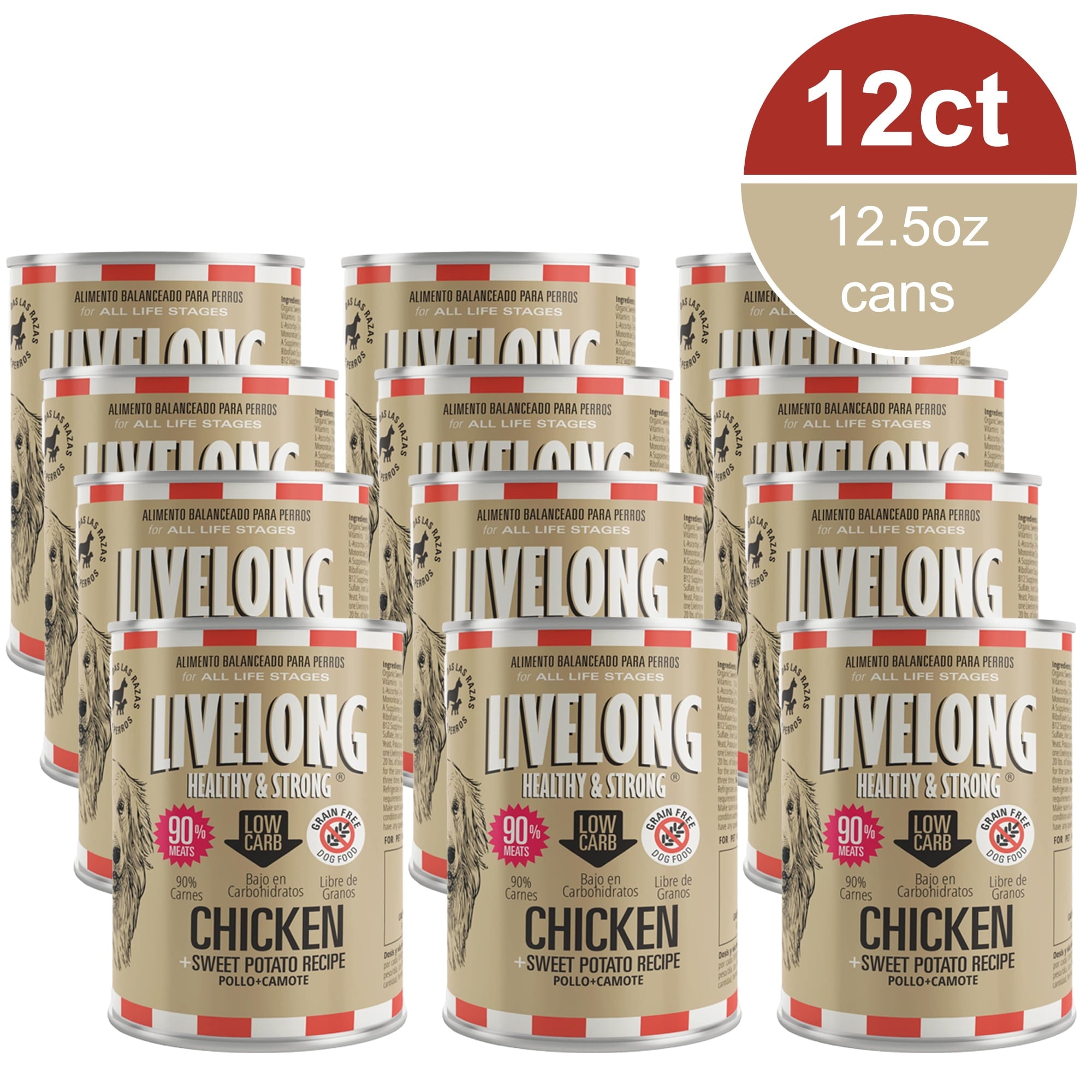 Livelong Healthy & Strong: 12 Pack - Chicken & Sweet Potato Recipe - 12.5oz Cans, Wet Dog Food, High Protein, All Natural, No Preservatives,