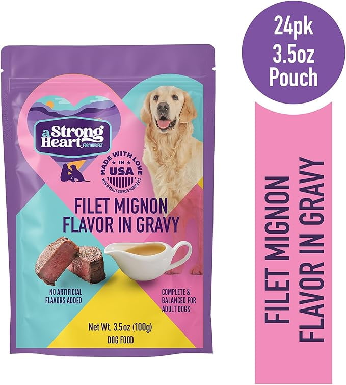 A Strong Heart Wet Dog Food Pouches, Filet Mignon Flavor in Gravy, 3.5 oz Pouches (Pack of 24), Made in The USA with Real Filet Mignon