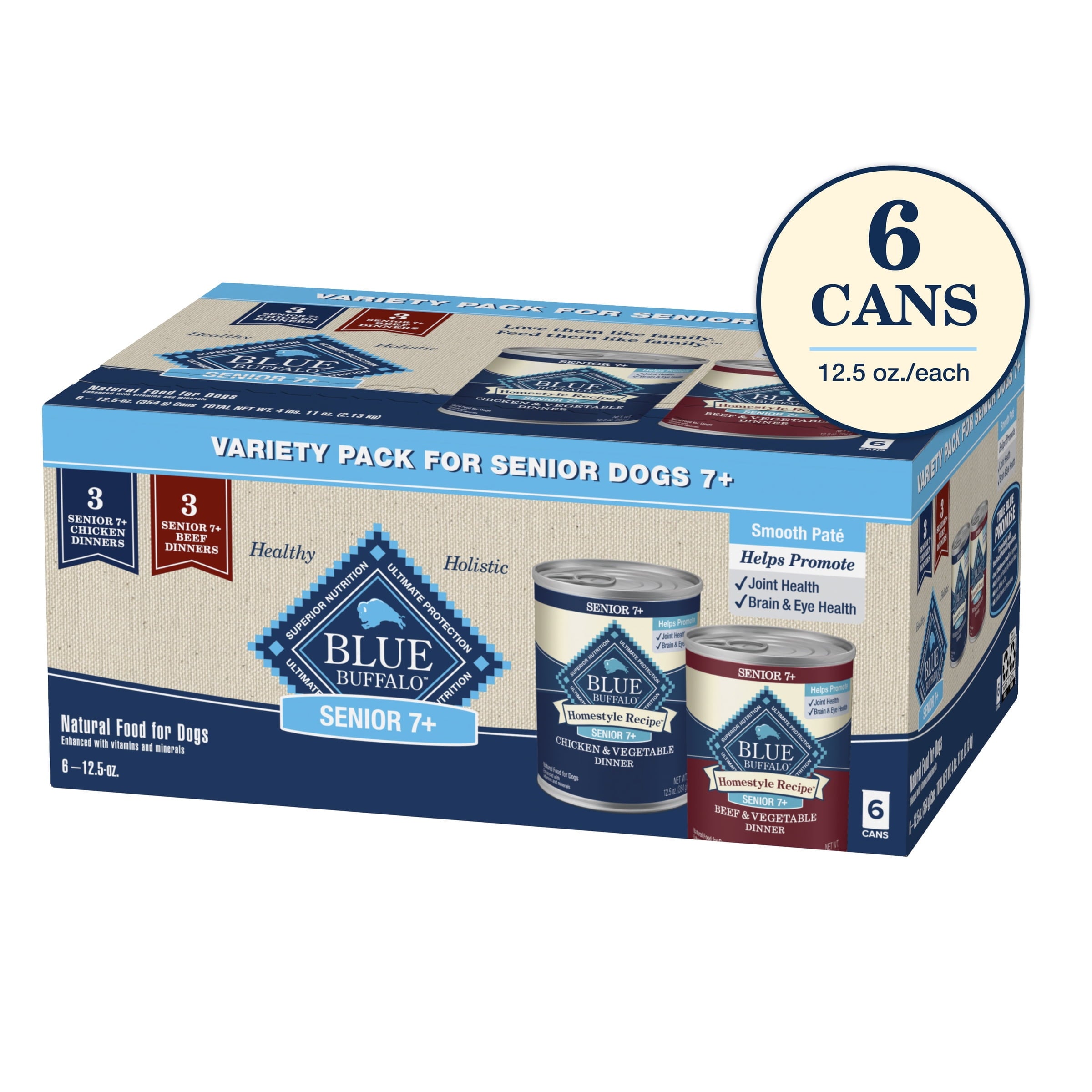 Blue Buffalo Homestyle Recipe Senior Wet Dog Food, Made with Natural Ingredients, Beef Dinner and Chicken Dinner, Variety Pack, (12.5-oz Cans, 3 of each flavor)