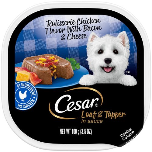 ( 2 Pack ) Cesar Loaf And Topper Rotisserie Chicken With Bacon And Cheese Wet Dog Food, 3.5 Oz Tray