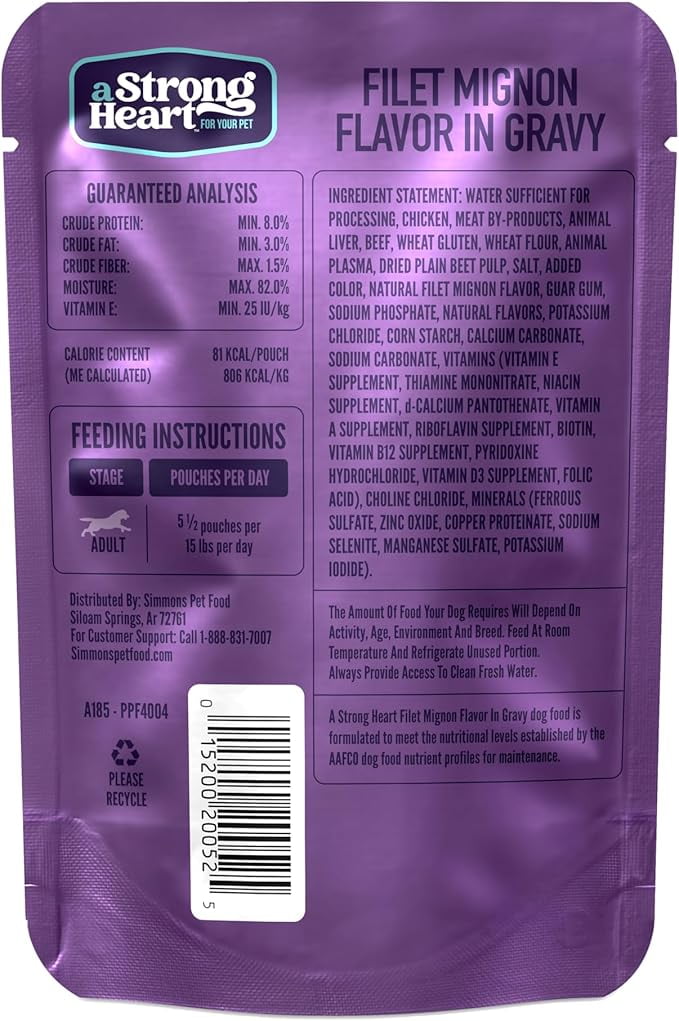 A Strong Heart Wet Dog Food Pouches, Filet Mignon Flavor in Gravy, 3.5 oz Pouches (Pack of 24), Made in The USA with Real Filet Mignon
